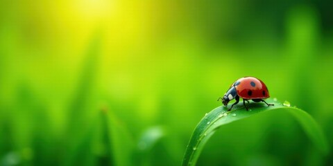 Fototapeta premium A vibrant ladybug gracefully strolling across a dew-kissed blade of grass, bathed in the soft glow of morning sunlight, a picturesque scene of nature's gentle beauty