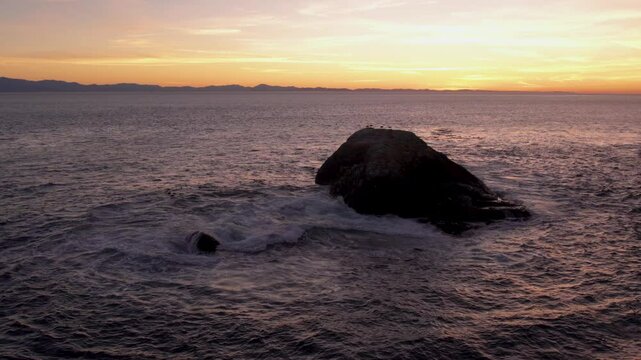 Coastline of Vancouver Island, Sooke, BC, aerial drone footage, ocean sunset. 4K 24FPS