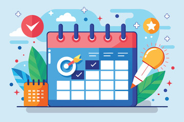A calendar showcases planning tools for a business launch, highlighting key targets and tasks, planning the business launch date