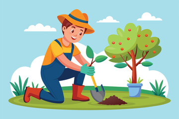 A person kneels on the grass, planting a young tree while smiling, surrounded by greenery and clouds, Planting tree Customizable Cartoon Illustration
