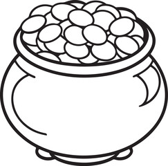 pot of gold coins line art, black outline, vector and illustration, coloring book page line art drawing