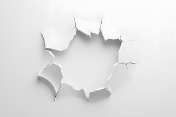 Hole breaking through white wall damaged. Hole in white paper with torn edges and piercing. Rough surfaces of walls, paper or white cement that have been torn and damaged. Texture Background Abstract.
