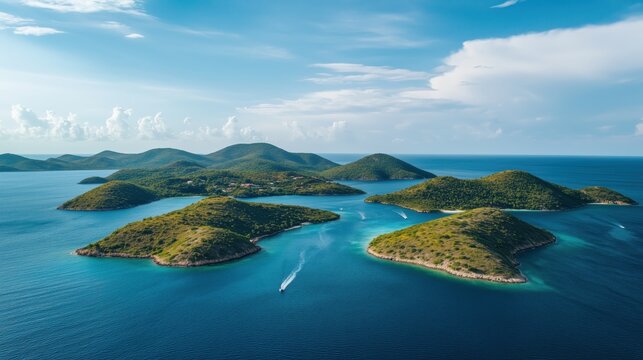 A breathtaking drone view of a tropical archipelago with scattered islands, space for text