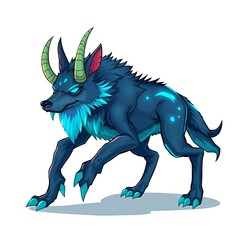 Fototapeta premium A monster creature in a cartoon game world resembling a mutant wolf in blue, with sharp horns and claws with a different number of paws, on a white background