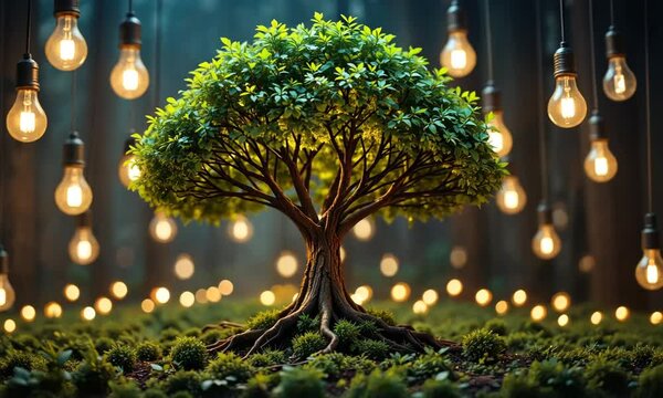 A lush green tree growing glowing light bulbs instead of fruits, symbolizing knowledge and sustainability. Concept of eco-innovation and creativity