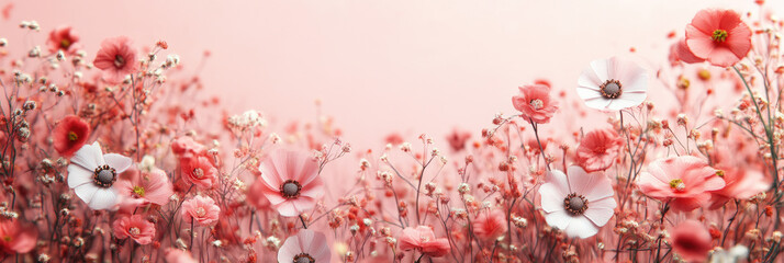 Pink and orange flowers blossom under soft light in a tranquil setting, embodying the essence of a bright day. The scene invites calmness and appreciation for nature's beauty