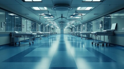 Empty Hospital Corridor View Examination Tables, Lighting, Blue Walls, Perspective