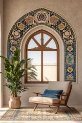 Ornate arched window decor in a desert-style living room