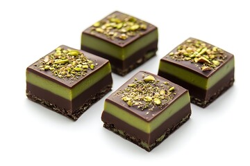 Obraz premium Four chocolate-covered matcha squares are displayed on a white background