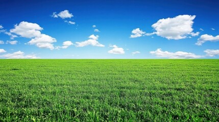 Obraz premium vibrant green field under blue sky with fluffy clouds