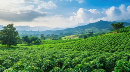 lush green coffee plantation landscape in mountainous region