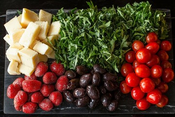 Mediterranean cheese board featuring rich brie chunks, fresh arugula, black olives, and vibrant cherry tomatoes, offering a perfect blend of flavors and textures.