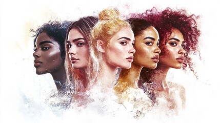 Five women, each with different cultural backgrounds and unique hairstyles
