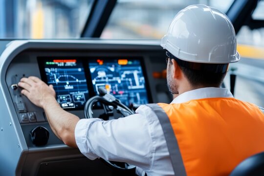 A train operator controls the train's dashboard with precision and focus