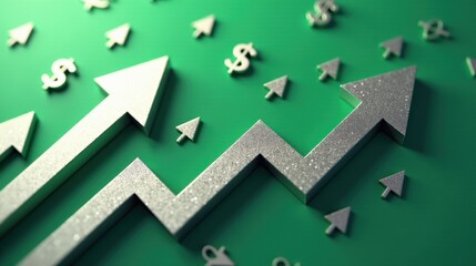 A stock illustration representing Political debate in green and silver, featuring diagonal shapes, dollar signs, and rising arrows metaphors, with texture overlays and spatial complexity.