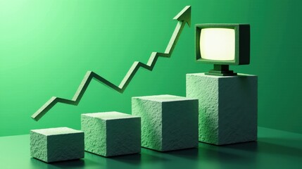 A stock illustration representing Economic growth in green and silver, with layered imagery and metaphors of TV screens and fact-check icons. Visual hierarchy adds spatial complexity.