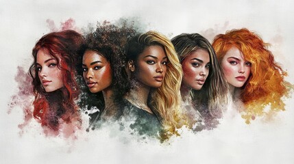 Five women, each with different hairstyles and cultural features