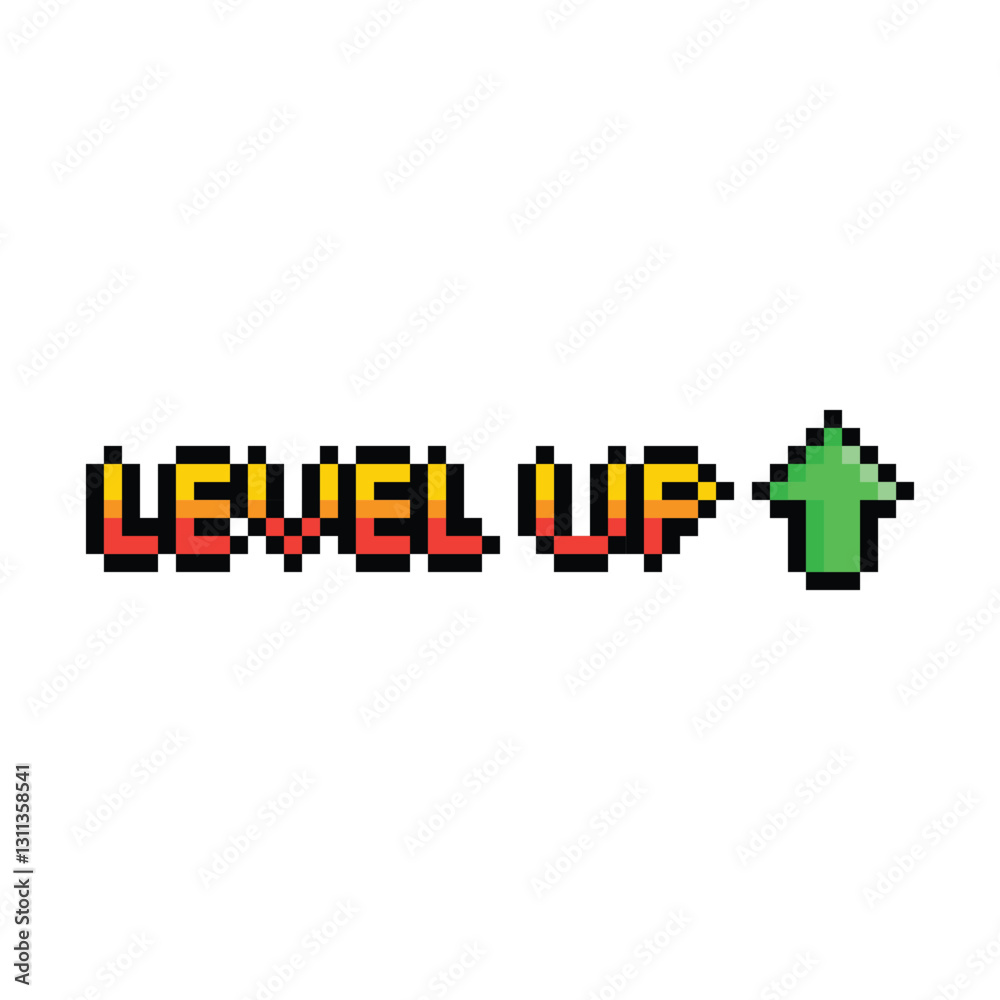 Poster level up button 8 bit text level up Pixel art 8-bit for game you win