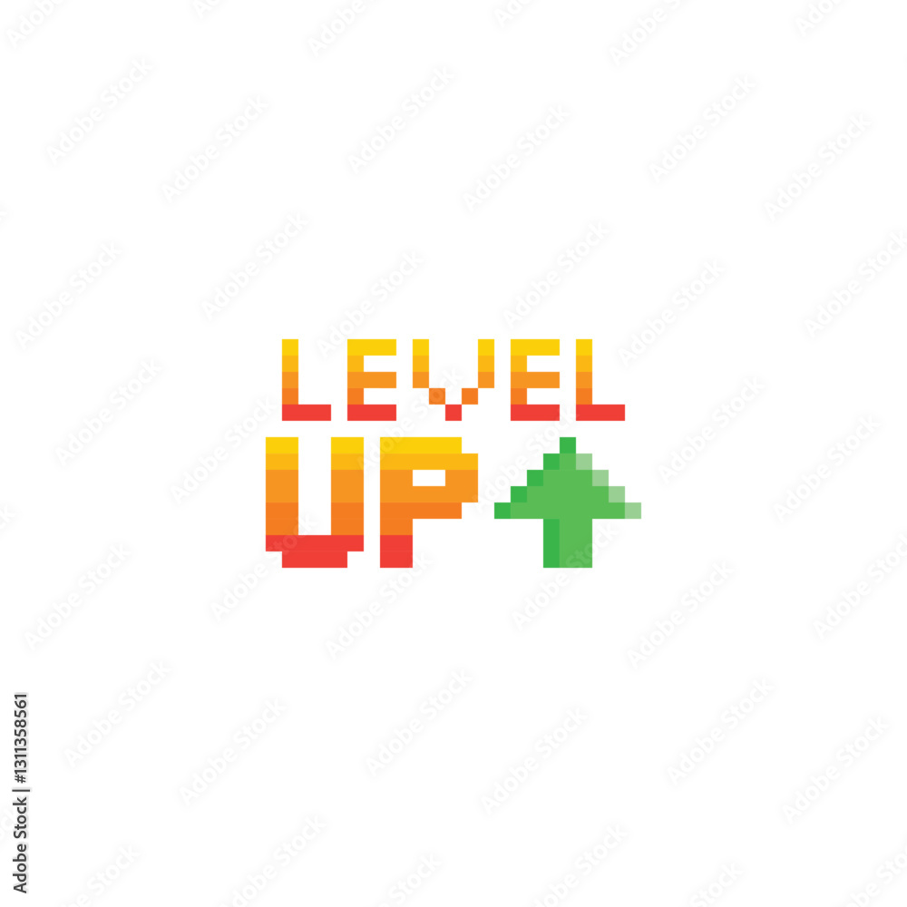 Poster level up button 8 bit text level up Pixel art 8-bit for game you win