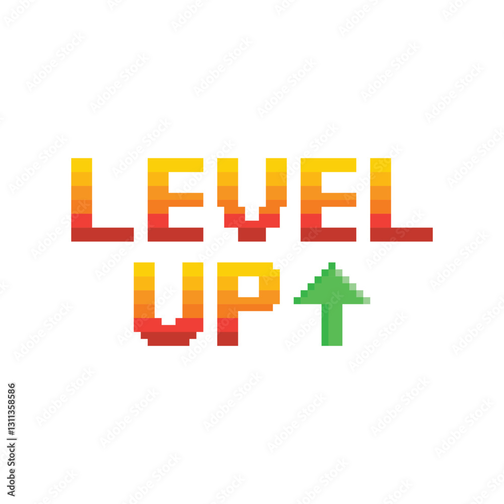 Poster level up button 8 bit text level up Pixel art 8-bit for game you win