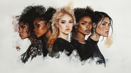 Five women, each with different hairstyles and cultural features