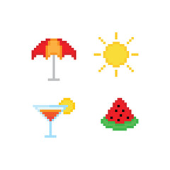 summer icon 8 bit, pixel art sun cocktail watermelon  umbrella   8 bit icon for game  logo. 