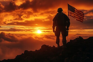 Silhouettes of a soldiers with USA flag against the sunset. Veterans, Memorial Day.