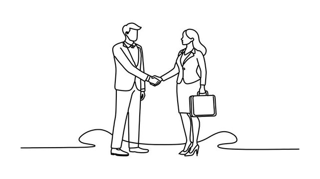 Businessman shaking hands with businesswoman to make agreement on work, cooperation, partnership, business deal concept Continuous line draw Full length single line animation