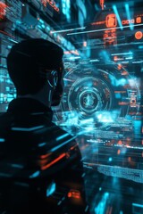 Futuristic Interface Display with Human Silhouette in Neon Colors