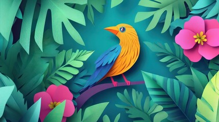 Vibrant paper art bird perched on branch amidst lush tropical foliage and flowers.