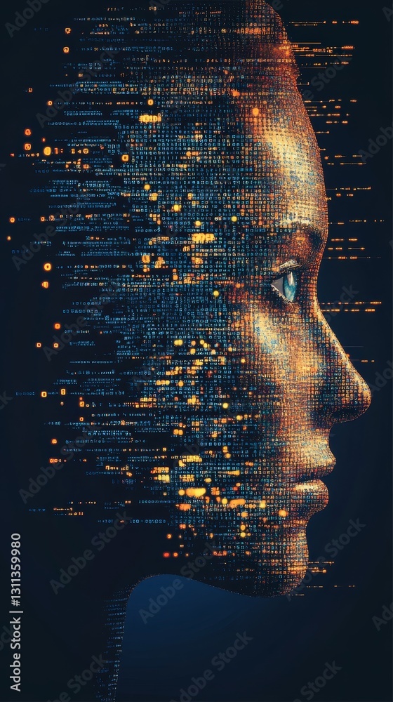 Poster digital face with binary code, futuristic concept art design