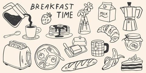 Hand drawn breakfast doodles set. Vector illustration of food and coffee icons in chalk, crayon drawing style for invitations, menus, parties. Minimalist line art. La dolce vita italian style.  