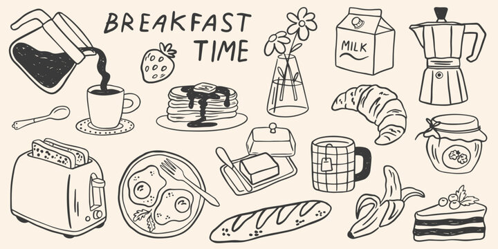 Hand drawn breakfast doodles set. Vector illustration of food and coffee icons in chalk, crayon drawing style for invitations, menus, parties. Minimalist line art. La dolce vita italian style.  