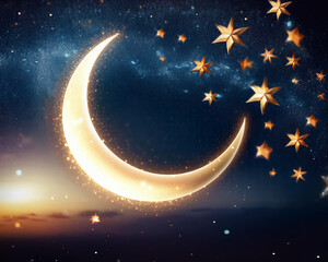 Naklejka premium Stars and a crescent moon signifying the beginning of Ramadan