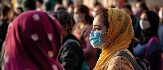 Obraz premium A diverse group of people wearing masks, with one woman in a yellow scarf prominently featured in the foreground.