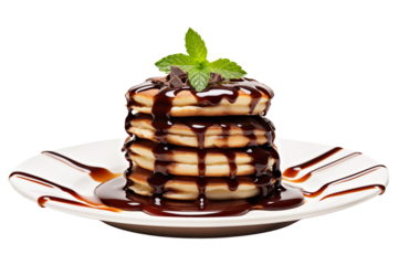 Pancakes on a plate, drizzled with chocolate sauce and decorated with mint leaves isolated on a transparent background.