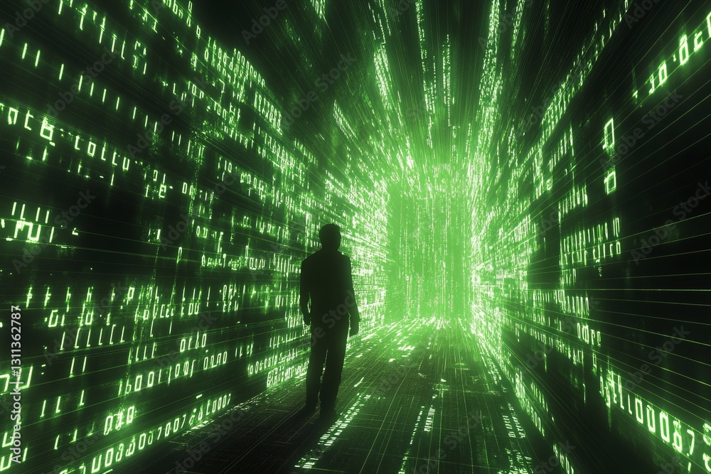 Poster digital journey through green binary code matrix tunnel