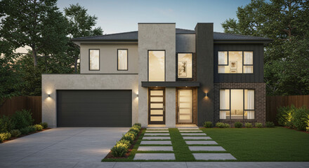 Modern House Front View Exterior Design, 3d rendering, simple and luxurious, house design inspiration, elegant for presentation, wallpaper and real estate