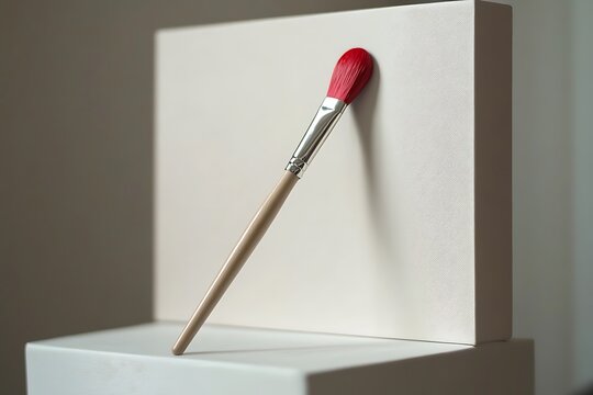 A single red paintbrush leaning against a white canvas. - Powered by Adobe