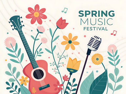 Colorful "Spring Music Festival" illustration with a guitar, microphone, and stylized flowers. Perfect for event promotion and springtime themes