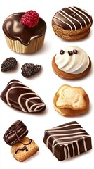 Colorful and diverse variety of different types of donuts presented on a gourmet treats table isolated on white