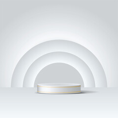 white and off white cylinder pedestal podium with gold strip on it.  multiple arch window background. Abstract vector rendering 3d shape. Pastel minimal scene for product display, Stage showcase