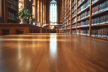 Fototapeta premium The image presents a tranquil library setting with a focus on a polished wooden desk in the foreground