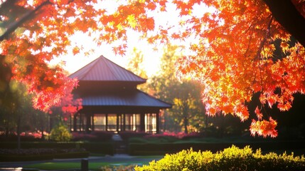 Fototapeta premium Pagoda surrounded by trees with vibrant autumn leaves in bright tones