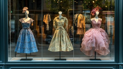 elegant dresses displayed in a boutique window