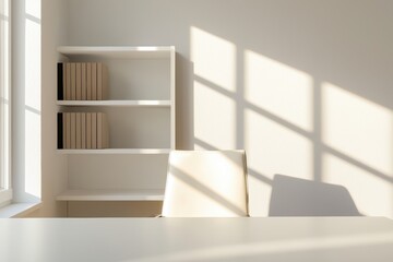 Fototapeta premium Bookshelf with diversity resources, in an empty office with a desk, promoting inclusion in a business context