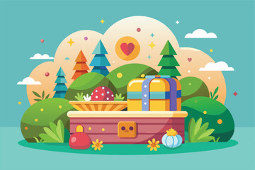 Naklejka premium A pleasing display of gifts and nature elements in a colorful setting that evokes joy and creativity, Pleasant surprise Customizable Semi Flat Illustration