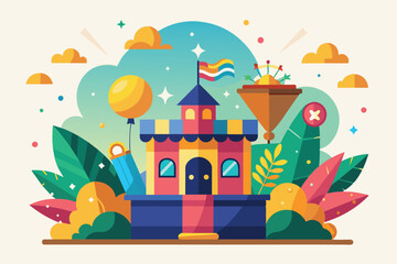 Obraz premium A charming carnival setting featuring a playful castle, balloons, and lush greenery under a bright sky, Pleasant surprise Customizable Semi Flat Illustration
