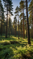 Tranquil Forest Stream with Grass and Sunlit Trees at Sunset, Beautiful Nature Landscape