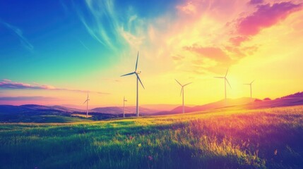 Obraz premium Sustainable energy landscape with wind turbines at sunset in open field
